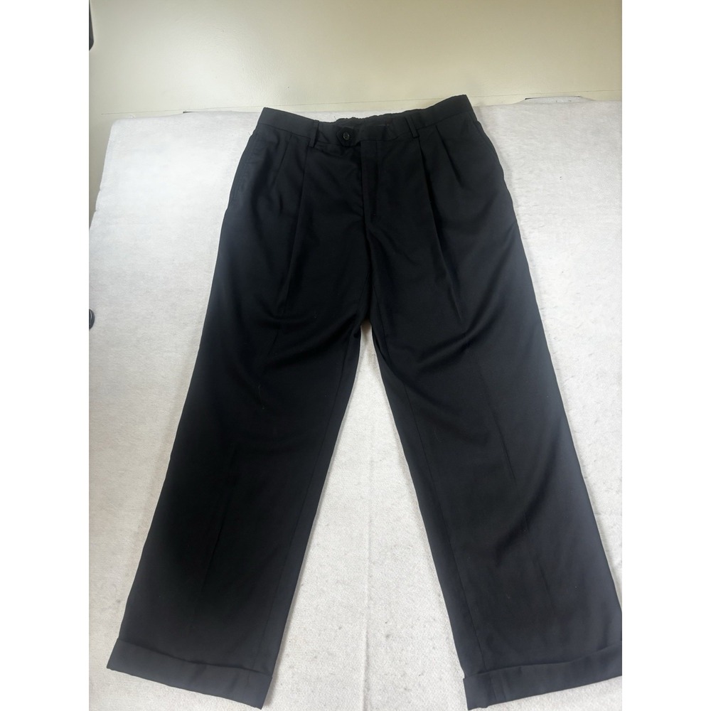Jos A Bank Mens 34x39 Wool Pants Pleated Front Cuffed Trousers Black Office